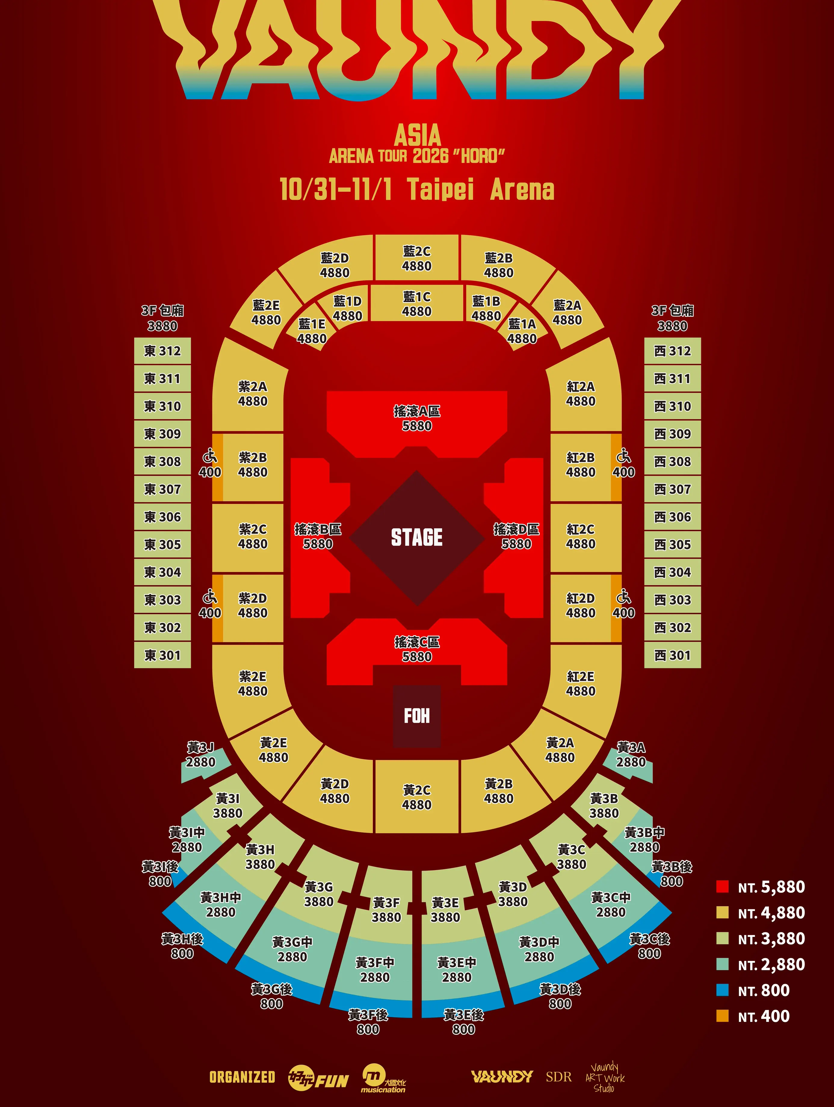 Vaundy ASIA ARENA TOUR 2026「HORO」台北場台北小巨蛋舞台與座位配置圖，含各區票價；點擊查看原尺寸